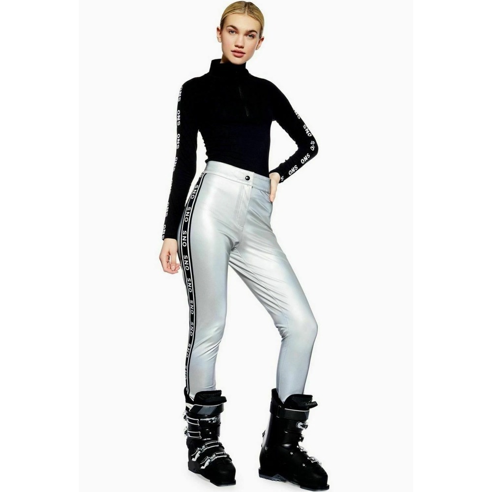Topshop SNO Silver Metallic Ski Stirrup Pants Women's US 4 Track Stripe